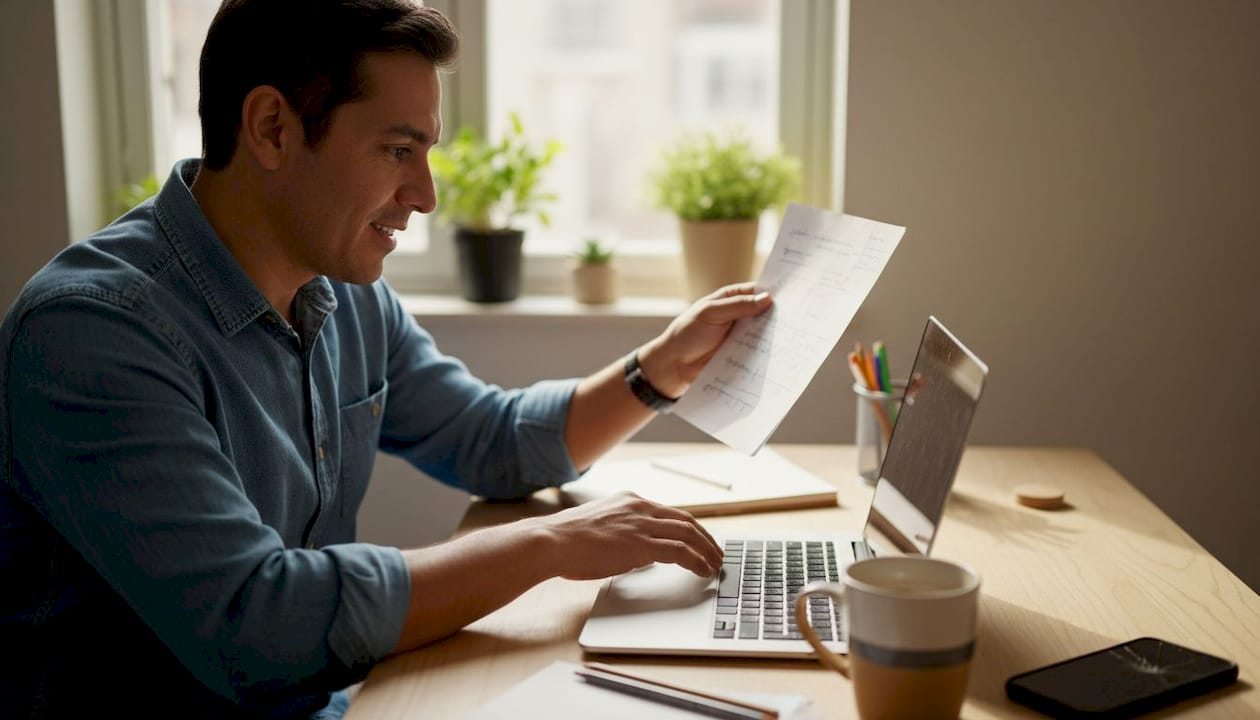 Un empresario analiza información en su portátil mientras trabaja en una oficina pequeña.