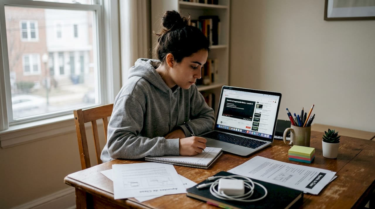 Chico trabajando en su portátil y tomando apuntes mientras utiliza herramientas de inteligencia artificial en su rutina diaria.