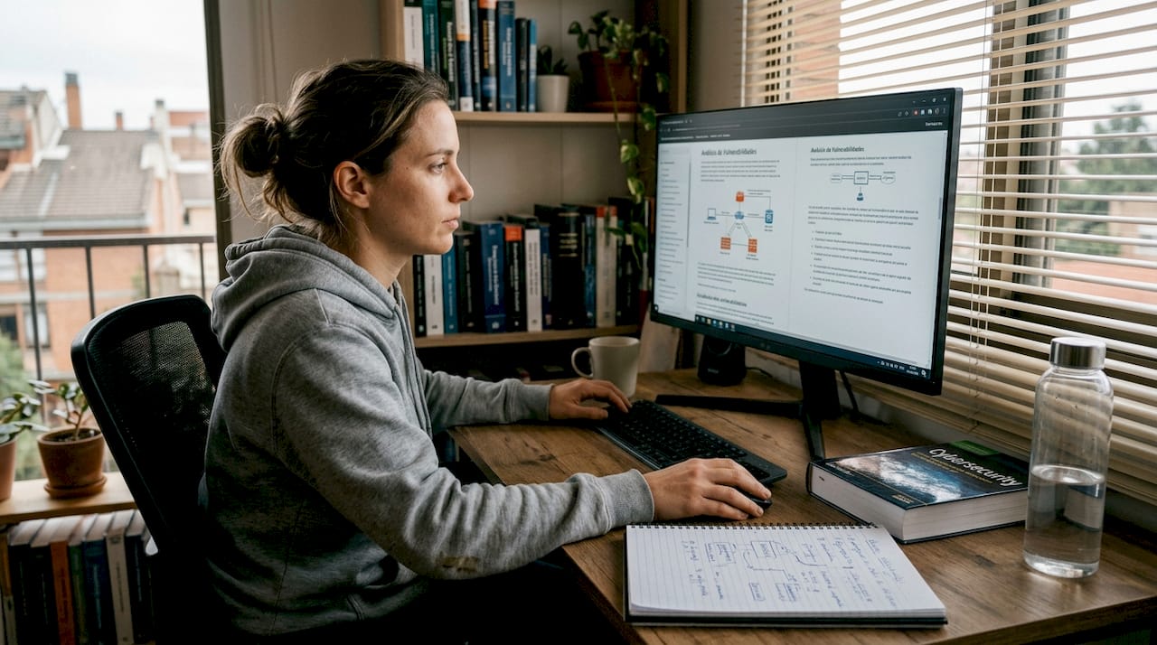 Mujer estudiando ciberseguridad en su oficina en casa.