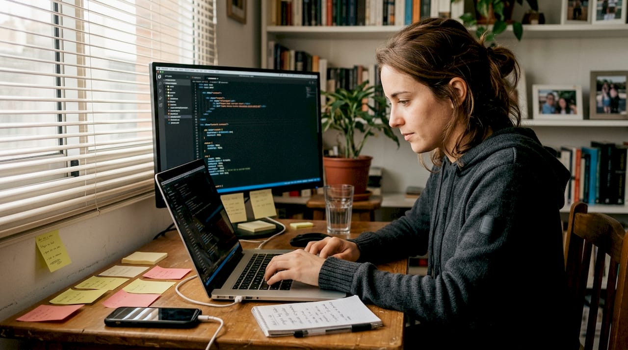 Joven dedica la tarde a aprender desarrollo web desde su escritorio en casa.