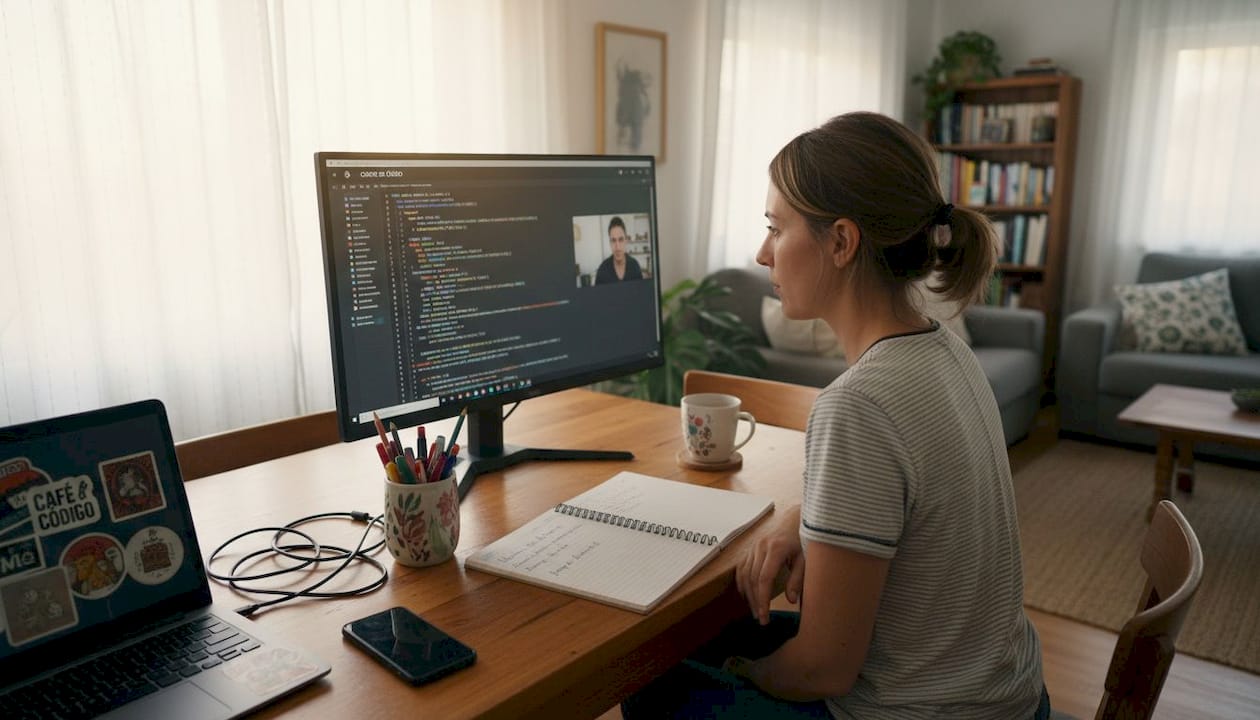 Mujer tomando cursos de informática en línea desde su espacio de trabajo en casa.