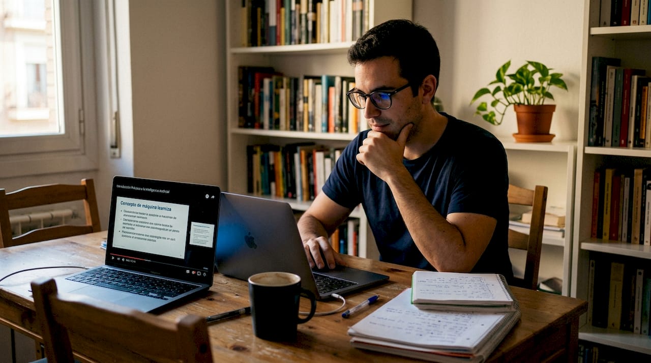 Un hombre estudia inteligencia artificial desde su portátil en casa.