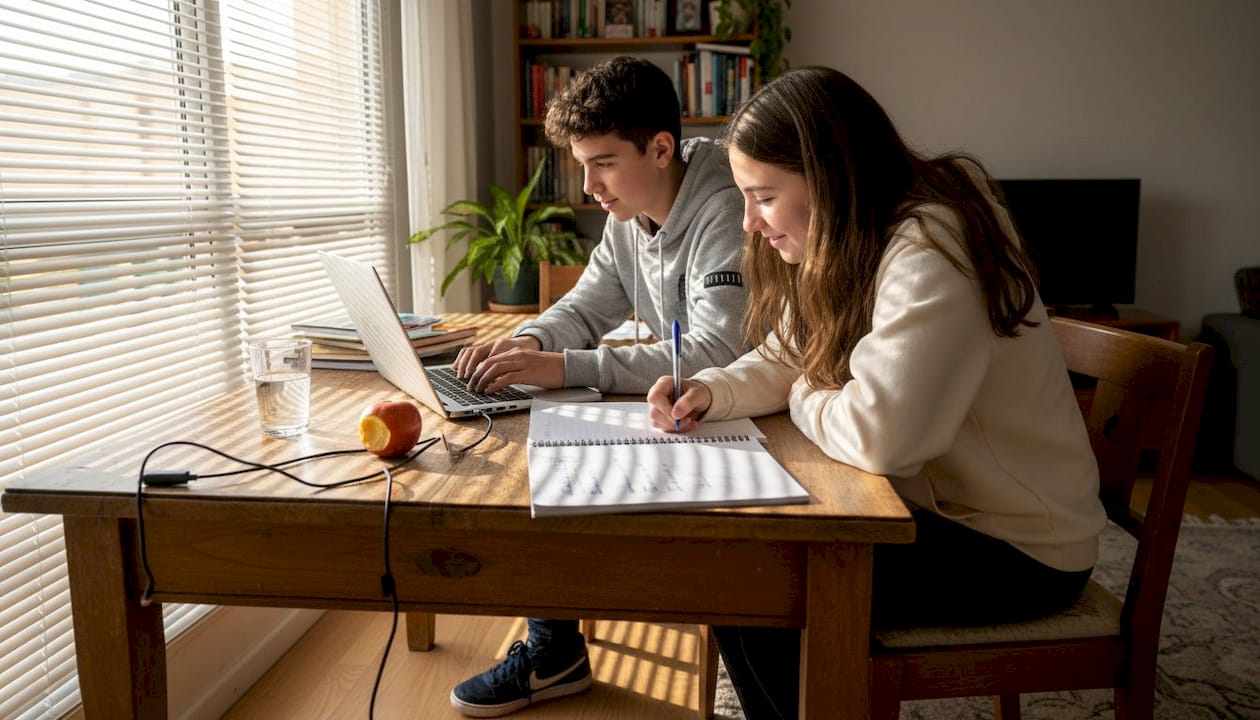 Adolescentes aprendiendo inteligencia artificial desde su espacio de estudio en casa