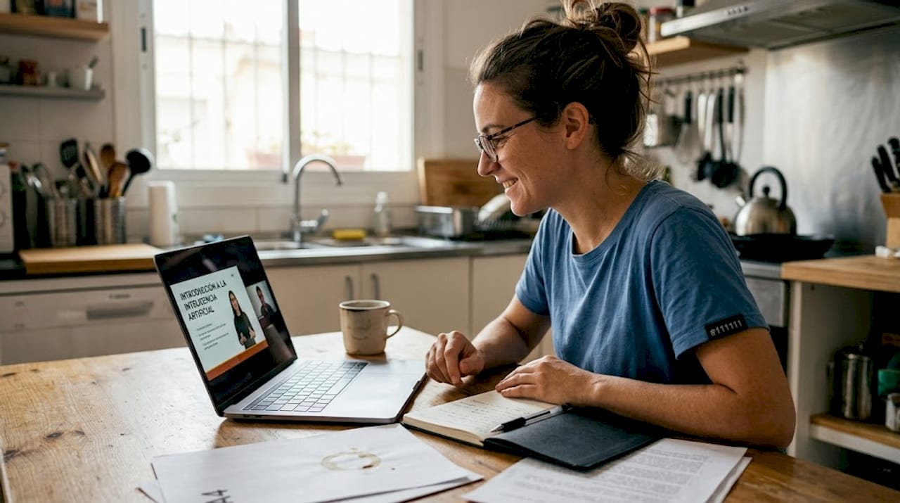 Una mujer aprende sobre inteligencia artificial mientras prepara su comida en la cocina, integrando la tecnología en su día a día.