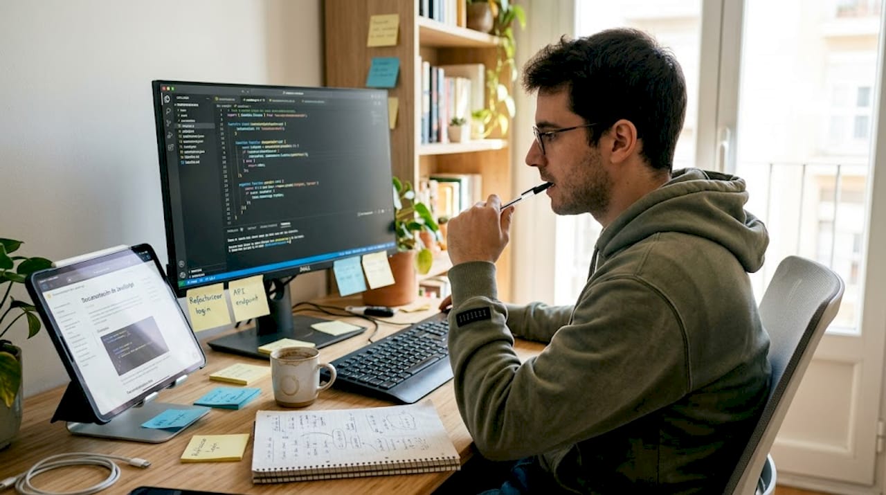 Joven programador trabajando en JavaScript entre el desorden de su escritorio en casa