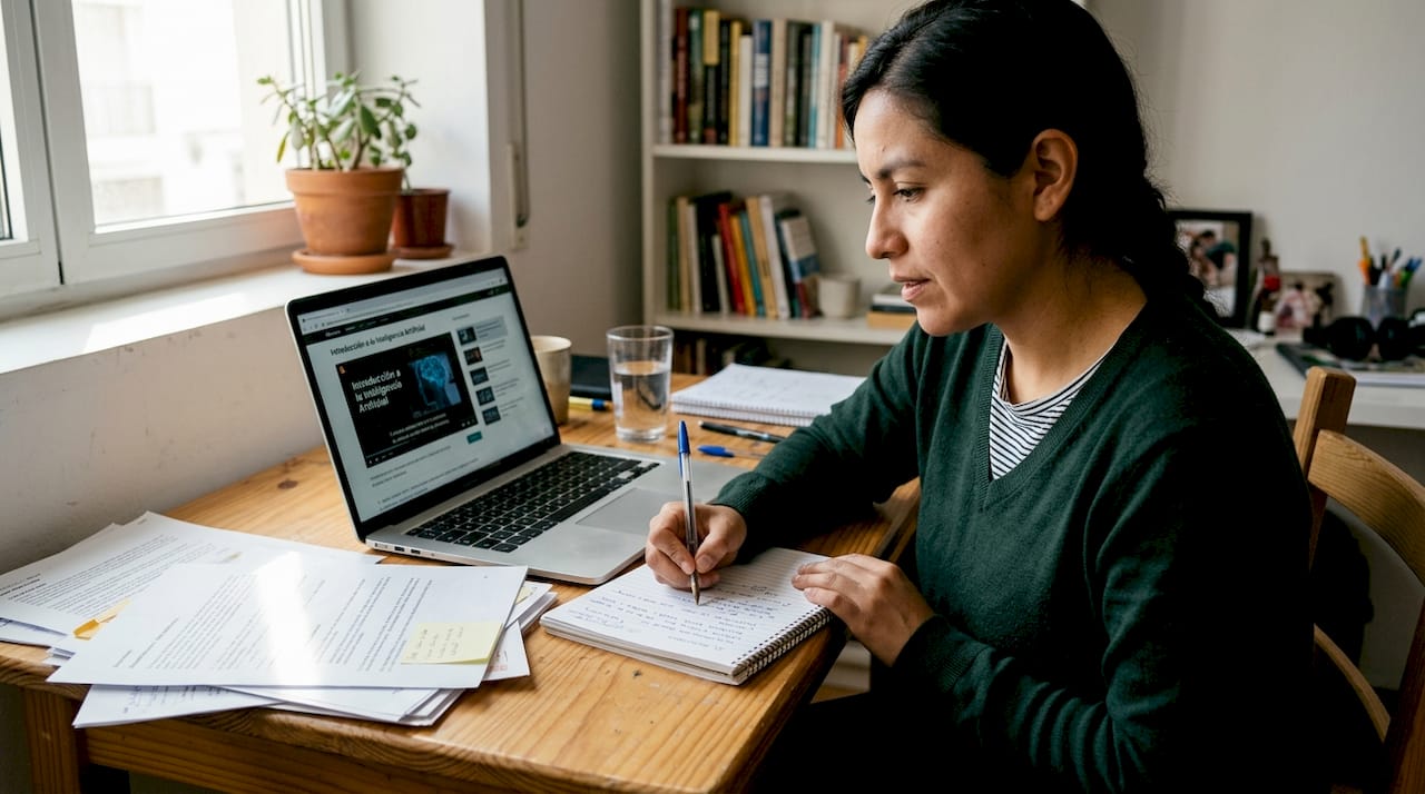 Mujer estudiando inteligencia artificial en su escritorio lleno de papeles y objetos.