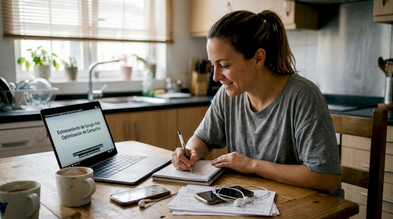 Una mujer aprovecha la tranquilidad de su cocina para estudiar un curso de Google Ads.